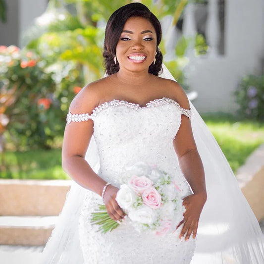 Exquisite Crystal Off-the-Shoulder Mermaid Bridal Gown | Vintage Tiered Organza & Tulle Silhouette | Custom Plus Size Africa Country Wedding Dress with Royal Lace-Up Back | Majestic Sweetheart Court Train Bridal Masterpiece Luxegan