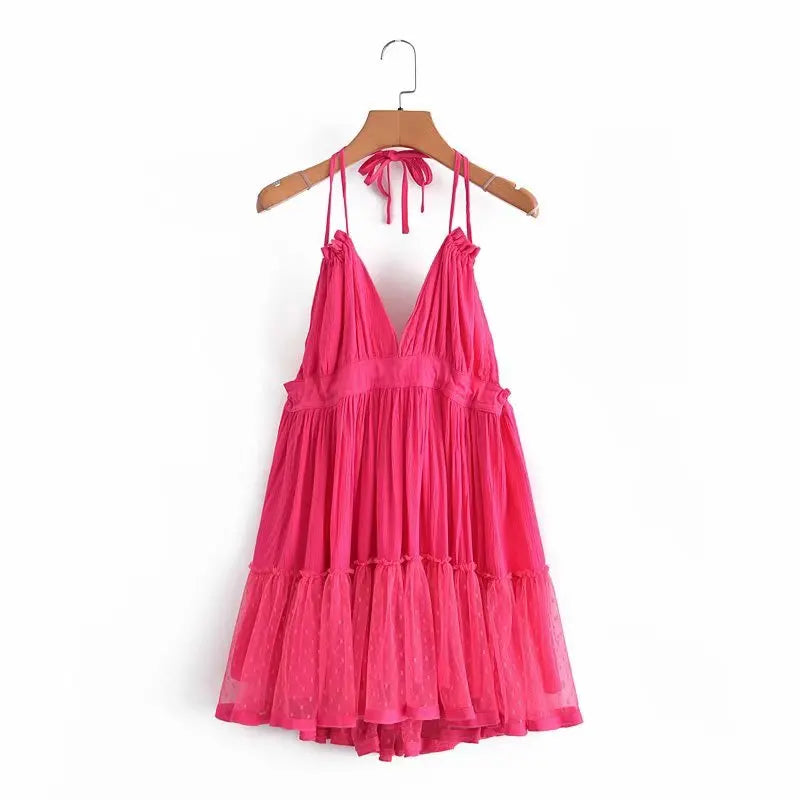 Solid Casual Lace-Detailed V-Neck Spaghetti Strap Sleeveless Regular Fit A-Line Mini Dress – Medium-Stretch Viscose Brocade, Empire Waist, Summer Luxegan