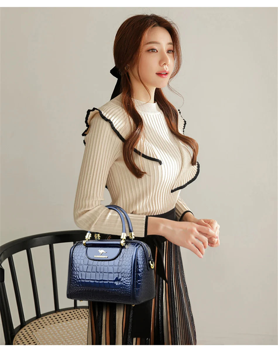 Luxury Patent Leather Handbag | Sophisticated "Crocodile Pattern" Boston Silhouette | Elegant "Sequined & Letter" Detail Crossbody | "Dignified" Alligator Texture Messenger Purse for Radiant Versatile Styling Luxegan