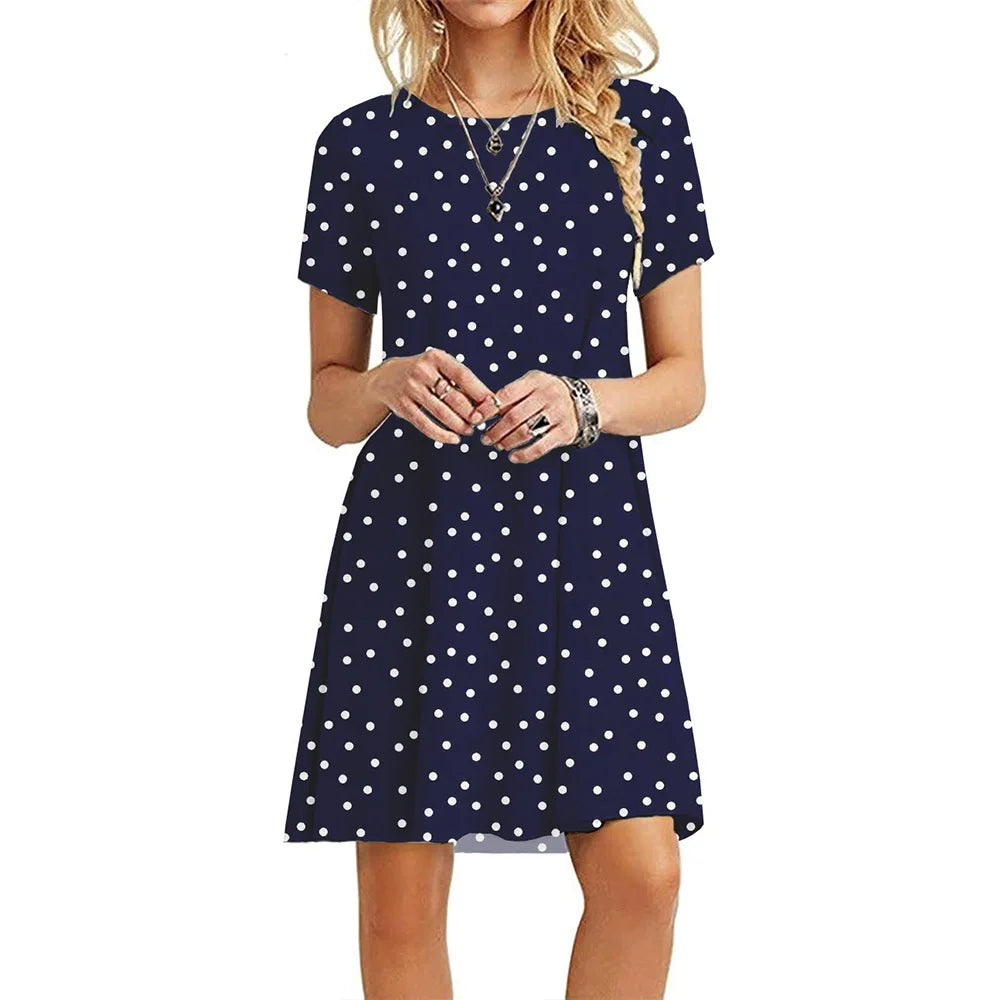 Casual Short Sleeve T-Shirt Dress | Vintage O-Neck Graphic Print Sundress | Elegant Simple Loose Fit A-Line Mini Dress | Premium Cotton Blend Summer Streetwear Model DR077 Luxegan