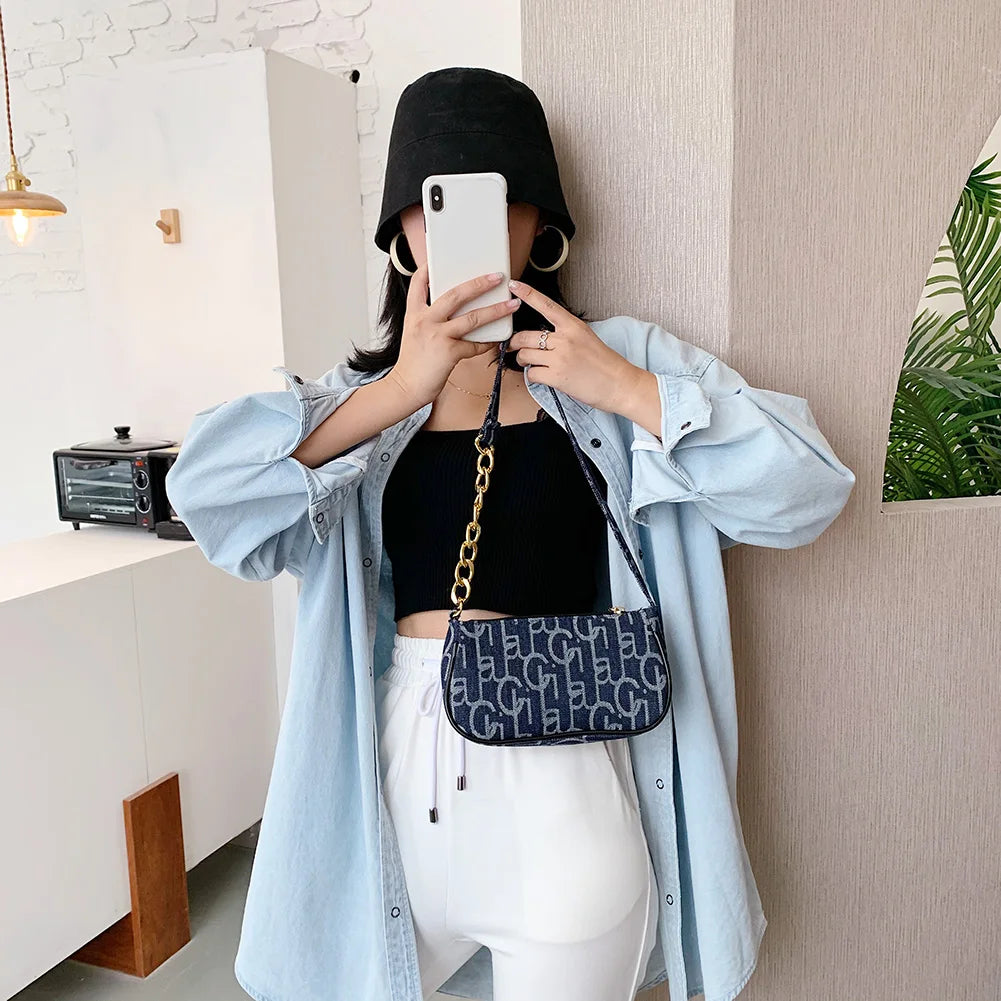 Letter Print Baguette Bag | Soft Chain Small Purse Underarm Bag Luxegan