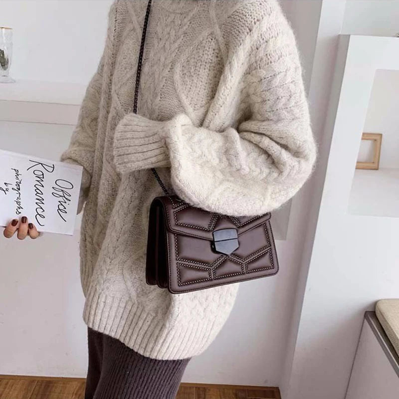 Rivet Chain Small Crossbody Bag for Women | 2022 Luxury Shoulder Messenger Bag (Trendy Lady Handbag with Flap Cover) Luxegan