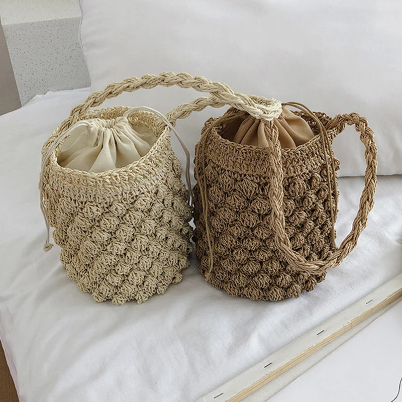 Summer Straw Shoulder Tote | Sophisticated Large-Capacity Rattan Bucket Bag | Elegant Handmade Woven Beach Bag | "Dignified" Soft Bohemian Handbag for Versatile Vacation Styling Luxegan