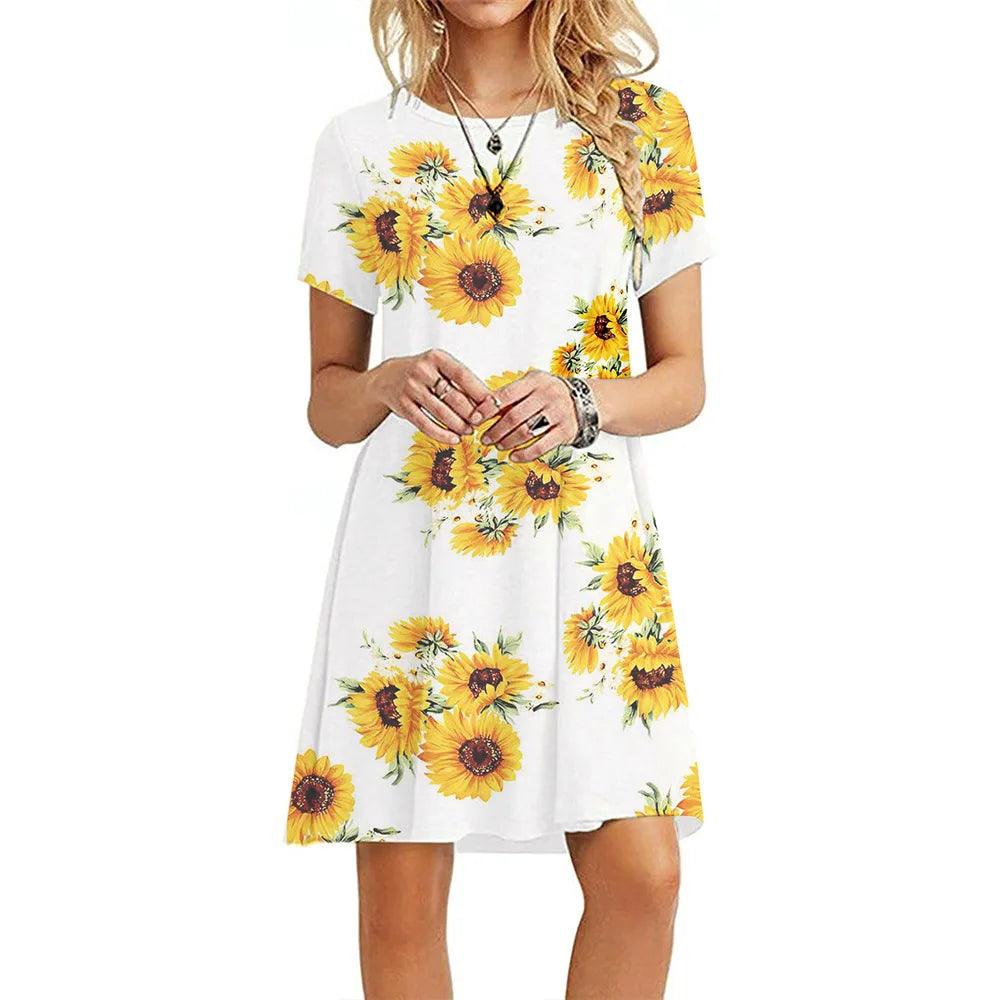 Casual Short Sleeve T-Shirt Dress | Vintage O-Neck Graphic Print Sundress | Elegant Simple Loose Fit A-Line Mini Dress | Premium Cotton Blend Summer Streetwear Model DR077 Luxegan