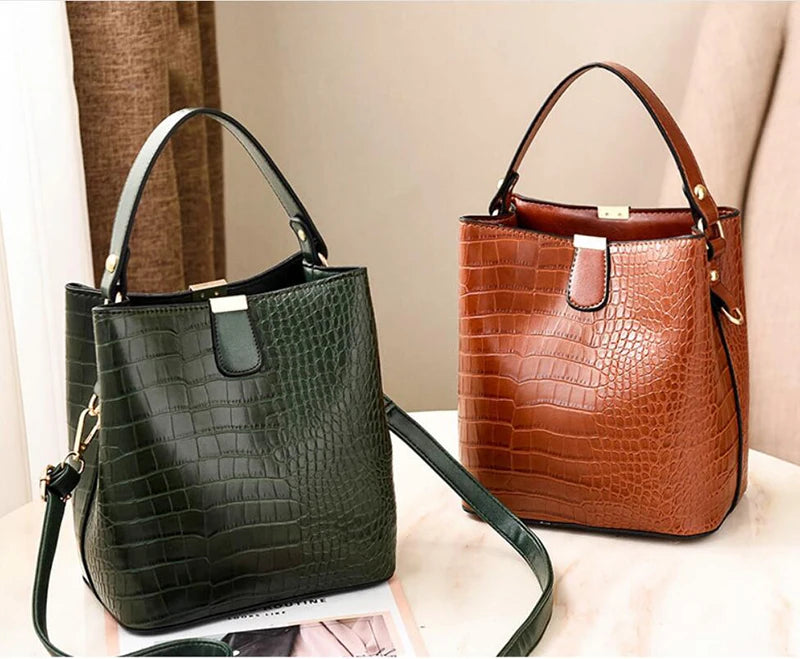 Crocodile Pattern Bucket Shoulder Bag | Large Capacity Handbag & Crossbody Purse Luxegan