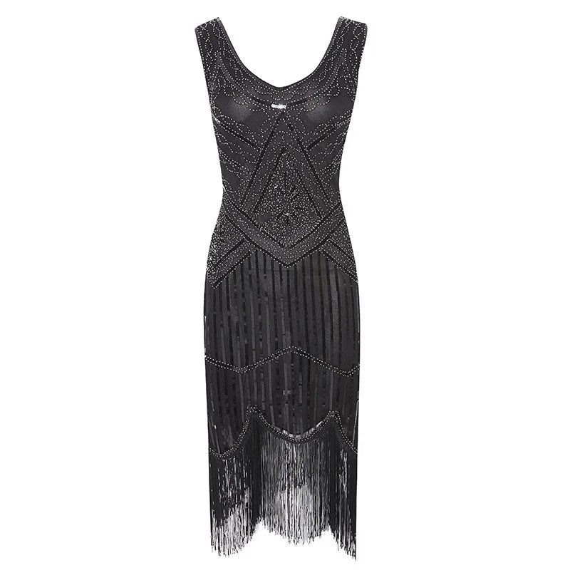 Vintage Sequin Full Fringed Flapper Dress | Roaring 20s Great Gatsby Party Gown | Plus Size XS-4XL Summer Knit Knee-Length Dress