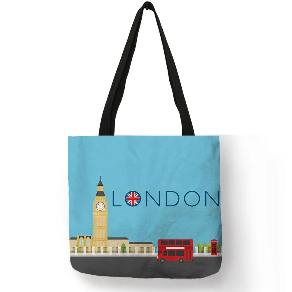 High Quality Linen Shoulder Bag | London Big Ben Tower & Rome Print Tote Bag (Fashion Ladies Casual Beach Shopping Handbag) Luxegan