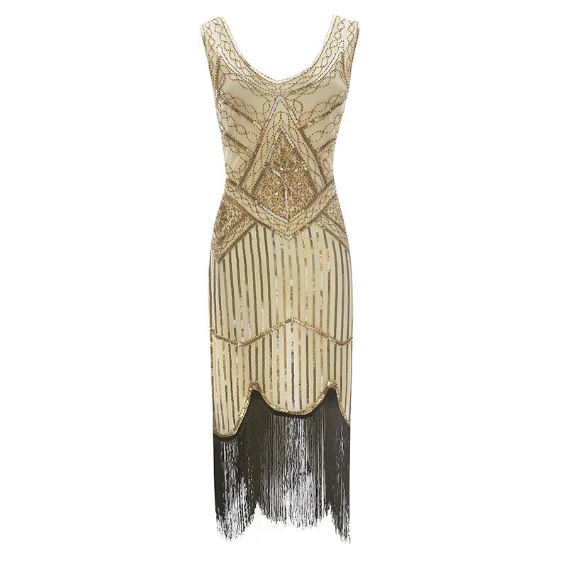 Vintage Sequin Full Fringed Flapper Dress | Roaring 20s Great Gatsby Party Gown | Plus Size XS-4XL Summer Knit Knee-Length Dress