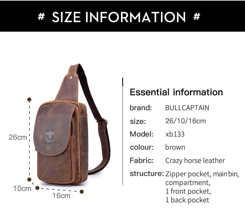 BULLCAPTAIN Bolsos cruzados para hombre de cuero Crazy Horse, bolso de pecho de cuero, bolsos cruzados retro para hombre con bolsillo de cremallera, bolso de viaje corto