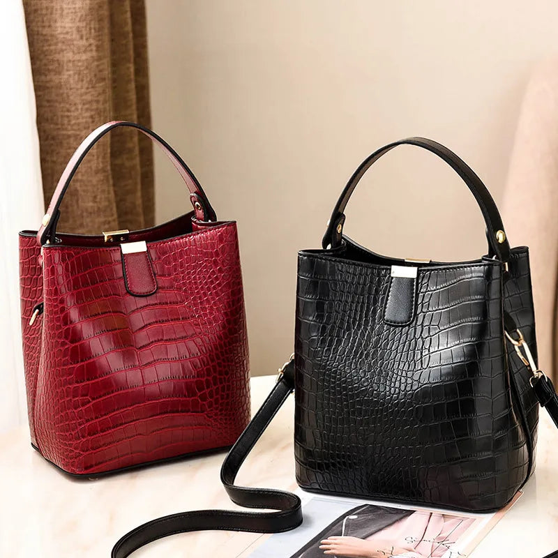 Crocodile Pattern Bucket Shoulder Bag | Large Capacity Handbag & Crossbody Purse Luxegan