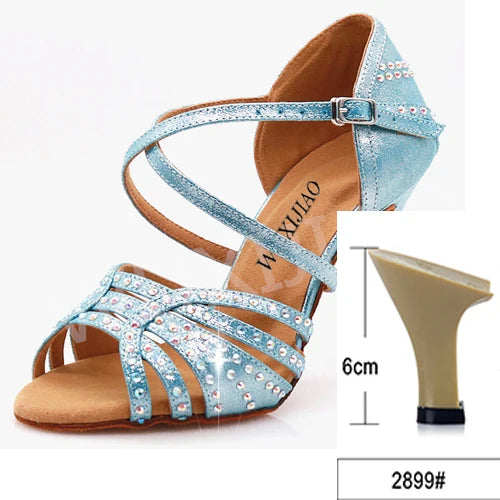 Professional Satin Latin Dance Shoes | Sophisticated 9cm Thin High Heels | Elegant "Bright Rhinestone Silk" Silhouette | "Dignified" Soft Bottom Ballroom Shoes for Radiant Versatile Performance Luxegan