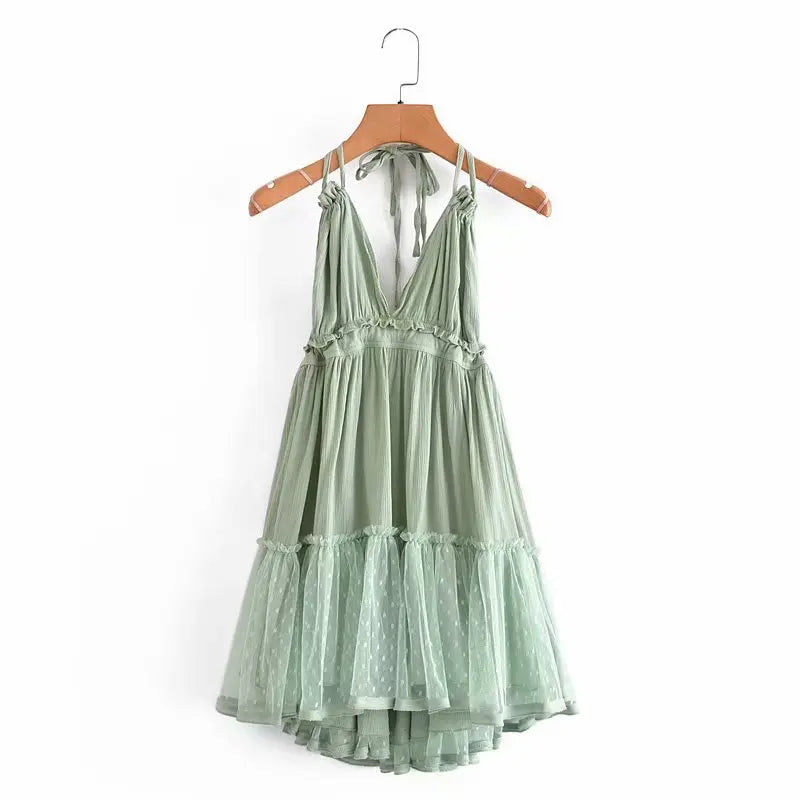 Solid Casual Lace-Detailed V-Neck Spaghetti Strap Sleeveless Regular Fit A-Line Mini Dress – Medium-Stretch Viscose Brocade, Empire Waist, Summer Luxegan