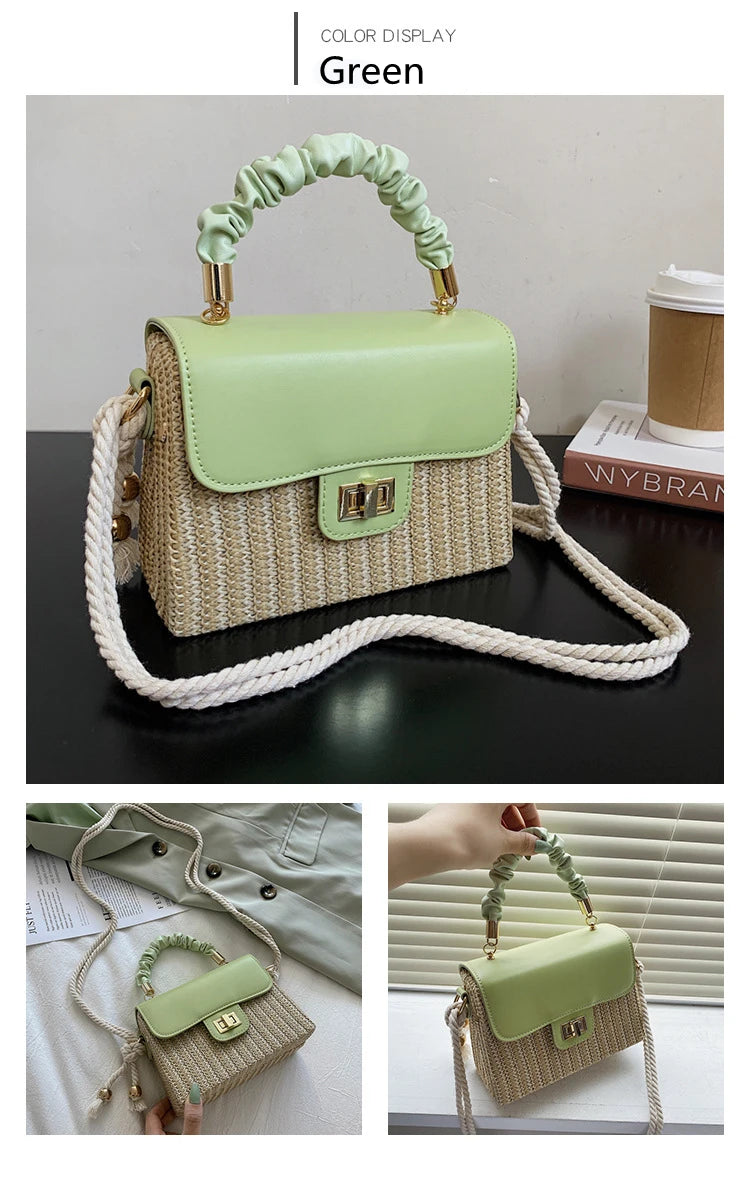 Summer Luxury Designer Straw Beach Bag | Vintage Contrast Color Flap Handbag with Pleated Handle | Hard Structured Woven Crossbody Purse & Lock Shoulder Bag Luxegan