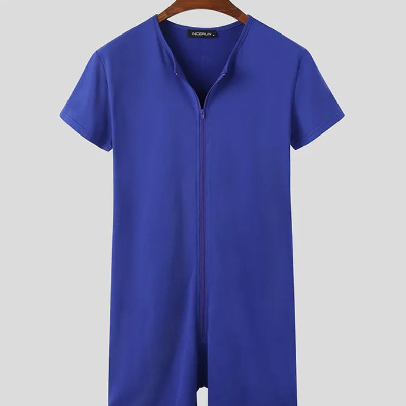 Men's Solid Color Pajamas Romper | Sophisticated "Fitness" Leisure Jumpsuit | Elegant Short Sleeve Cozy Homewear | "Dignified" High-Performance Summer Sleepwear for Radiant Versatile Styling Luxegan