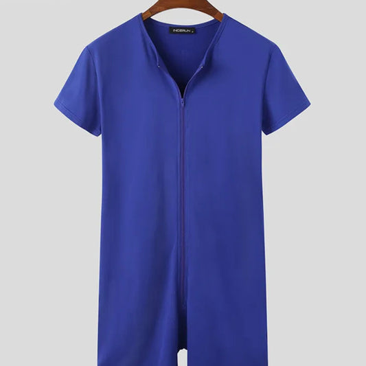 Men's Solid Color Pajamas Romper | Sophisticated "Fitness" Leisure Jumpsuit | Elegant Short Sleeve Cozy Homewear | "Dignified" High-Performance Summer Sleepwear for Radiant Versatile Styling Luxegan