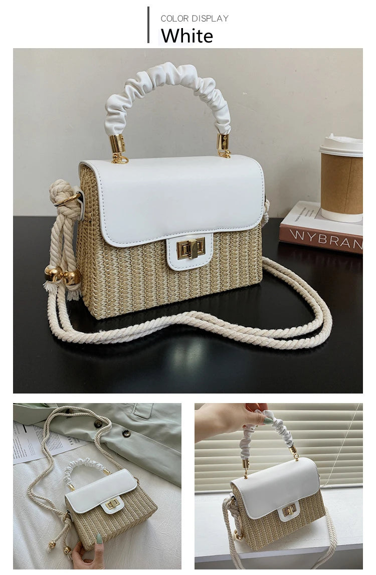 Summer Luxury Designer Straw Beach Bag | Vintage Contrast Color Flap Handbag with Pleated Handle | Hard Structured Woven Crossbody Purse & Lock Shoulder Bag Luxegan
