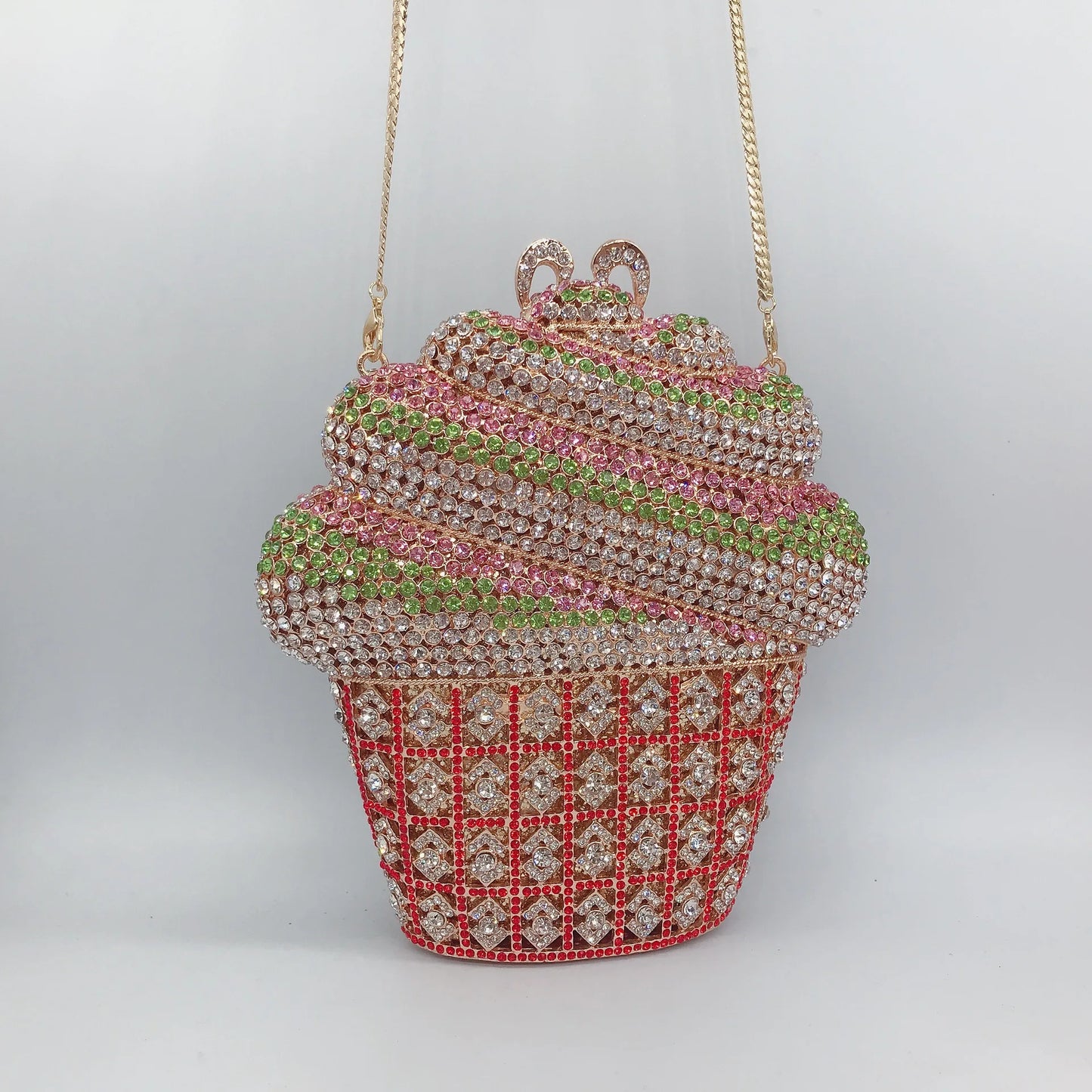 Luxury Crystal Ice Cream Evening Clutch | Sophisticated Diamond-Encrusted Cupcake Bag | Elegant Gold & Silver Wedding Party Prom Purse | "Dignified" Bespoke Handbag with Chain Strap Luxegan