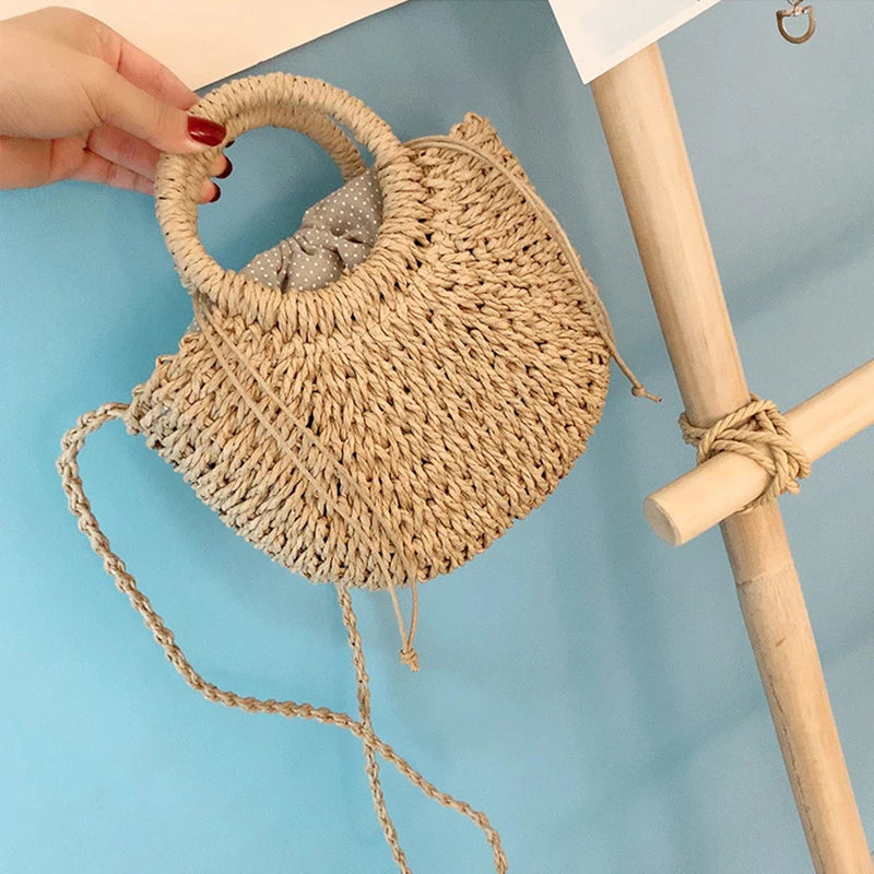 Half-Round Rattan Beach Bag | Women Large Capacity Handle Bag & Bohemian Shoulder Bag Luxegan