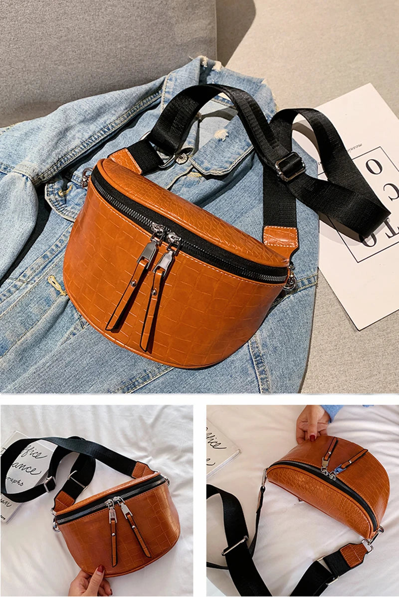 Luxury Saddle Chest Bag | Soft Stone Pattern Chain Crossbody Luxegan