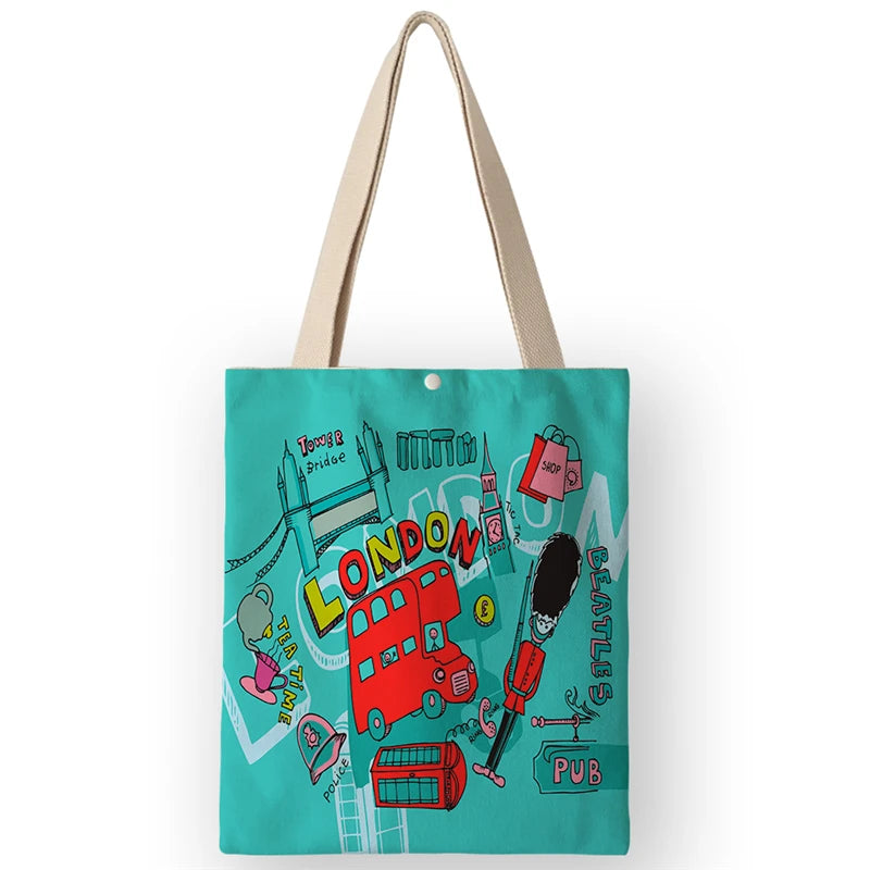 Vintage British Style Women's Canvas Shoulder Bags | Cartoon London Prints Shopping Handbags Totes Travel Luxegan