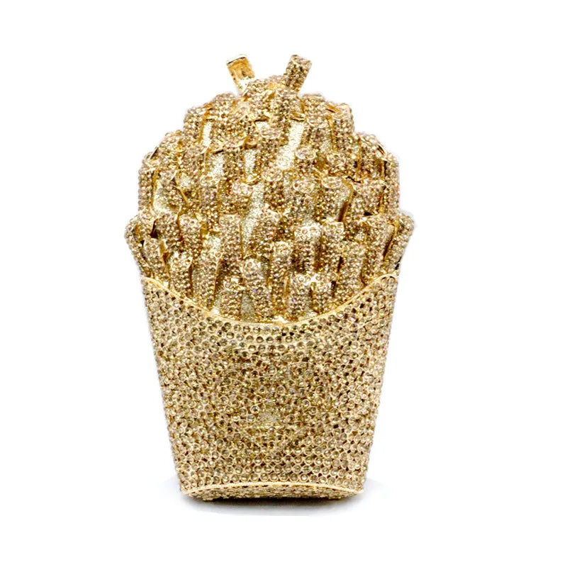 Fashion Luxury Crystal Chips Clutch | Sophisticated Designer Rhinestone Evening Bag | Elegant Novelty Bucket-Shape Bridal Handbag | "Dignified" Hard-Shell Metallic Purse for High-Fashion Parties Luxegan