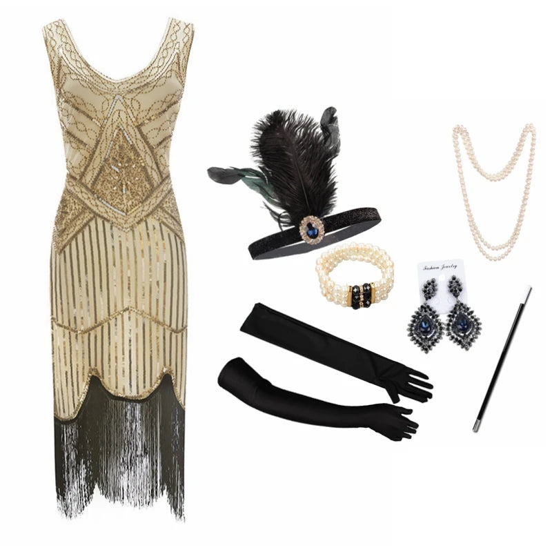 Vintage Sequin Full Fringed Flapper Dress | Roaring 20s Great Gatsby Party Gown | Plus Size XS-4XL Summer Knit Knee-Length Dress
