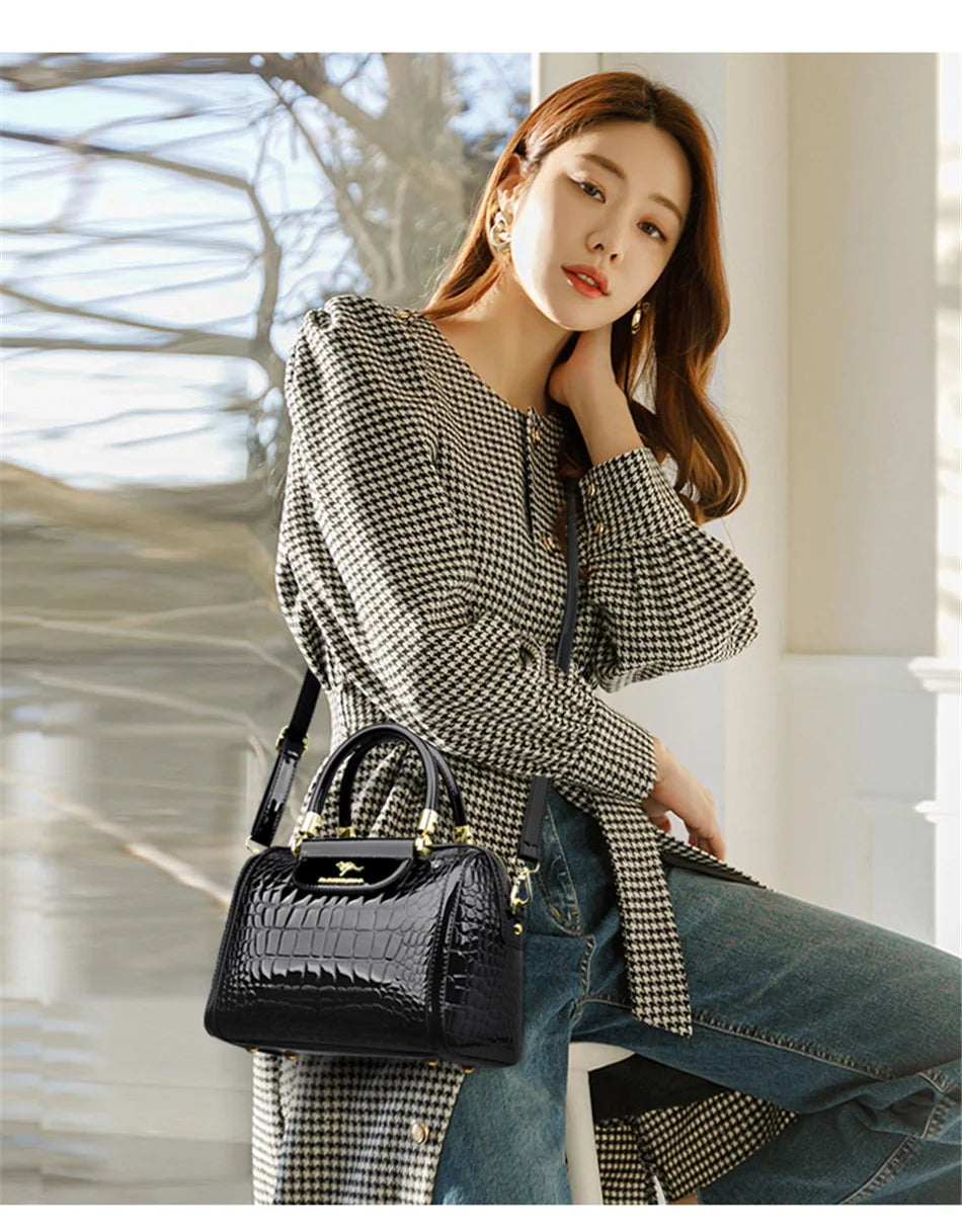 Luxury Patent Leather Handbag | Sophisticated "Crocodile Pattern" Boston Silhouette | Elegant "Sequined & Letter" Detail Crossbody | "Dignified" Alligator Texture Messenger Purse for Radiant Versatile Styling Luxegan