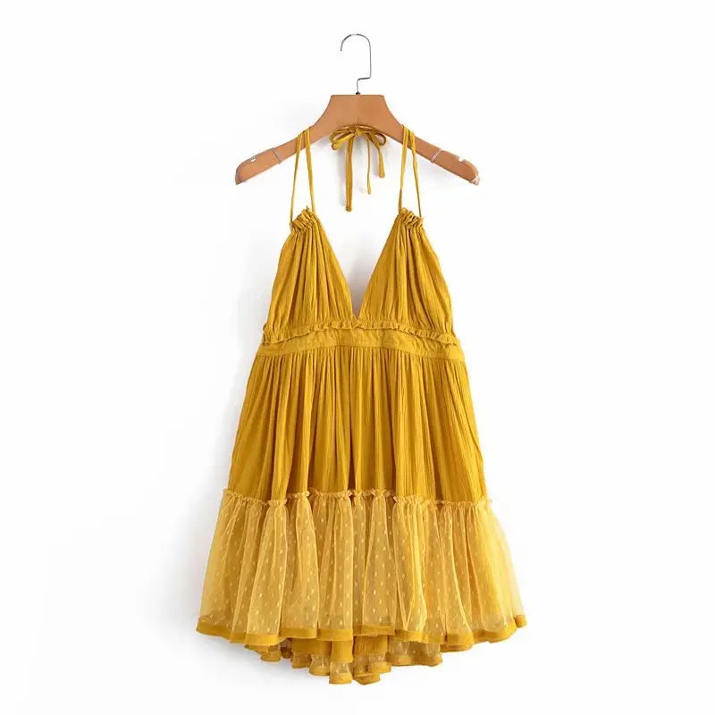Solid Casual Lace-Detailed V-Neck Spaghetti Strap Sleeveless Regular Fit A-Line Mini Dress – Medium-Stretch Viscose Brocade, Empire Waist, Summer Luxegan