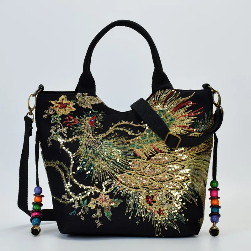 Ethnic Style Sequins Tote Bag | Peacock Embroidery Handbags & Vintage Canvas Crossbody Bag