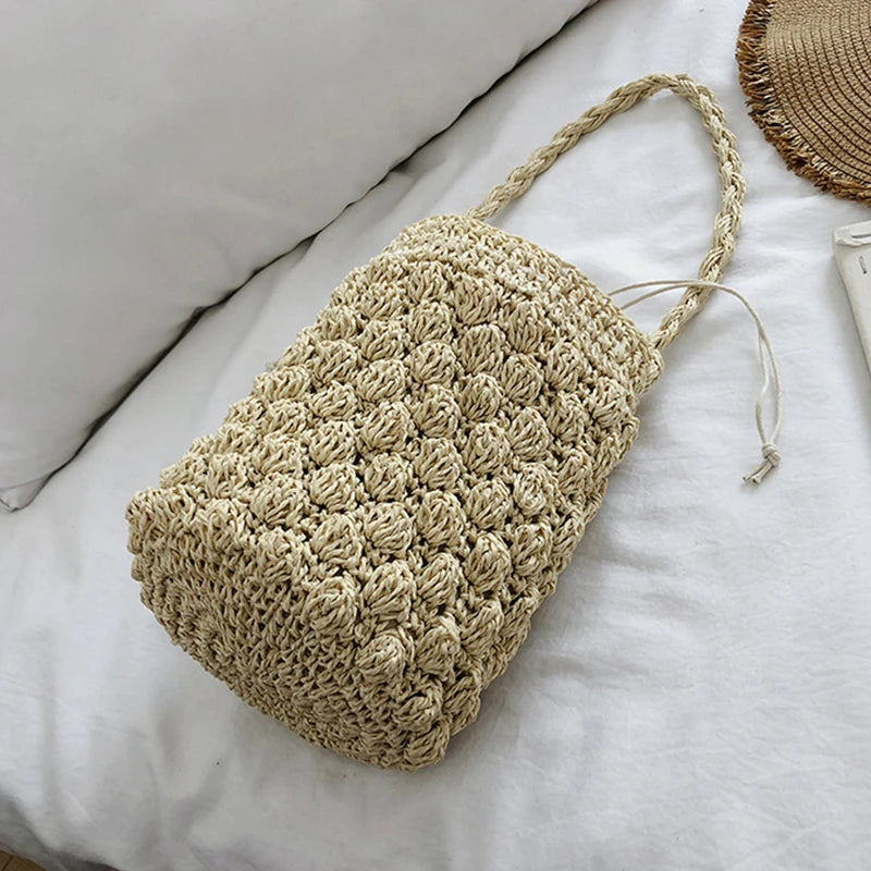Summer Straw Shoulder Tote | Sophisticated Large-Capacity Rattan Bucket Bag | Elegant Handmade Woven Beach Bag | "Dignified" Soft Bohemian Handbag for Versatile Vacation Styling Luxegan