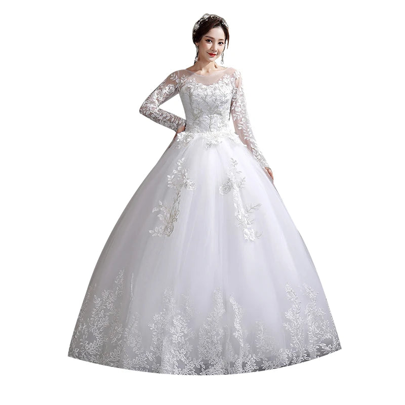 Dreamy Plus Size Floral Wedding Dress for Brides | Exquisite O-Neck Full-Sleeve Bridal Ball Gown | Luxury Lace-Up Organza & Matte Satin Dress | Model LF112 Custom Made Floor-Length Embroidered Gown Luxegan