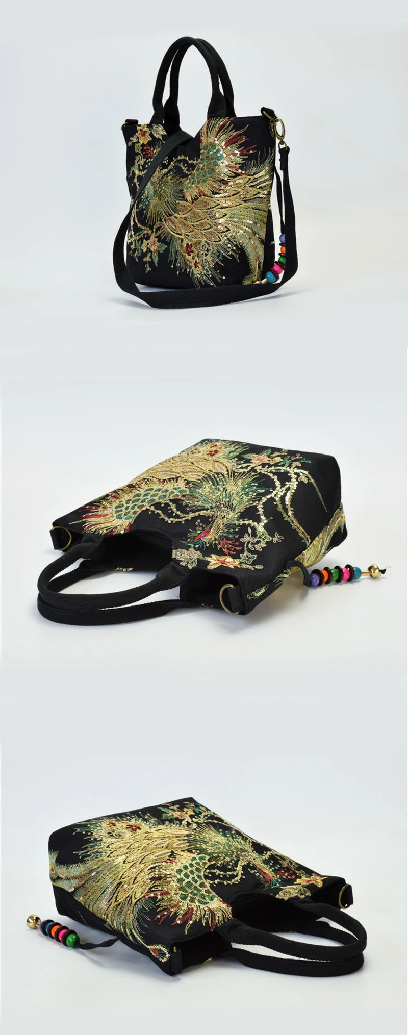 Ethnic Style Sequins Tote Bag | Peacock Embroidery Handbags & Vintage Canvas Crossbody Bag Luxegan