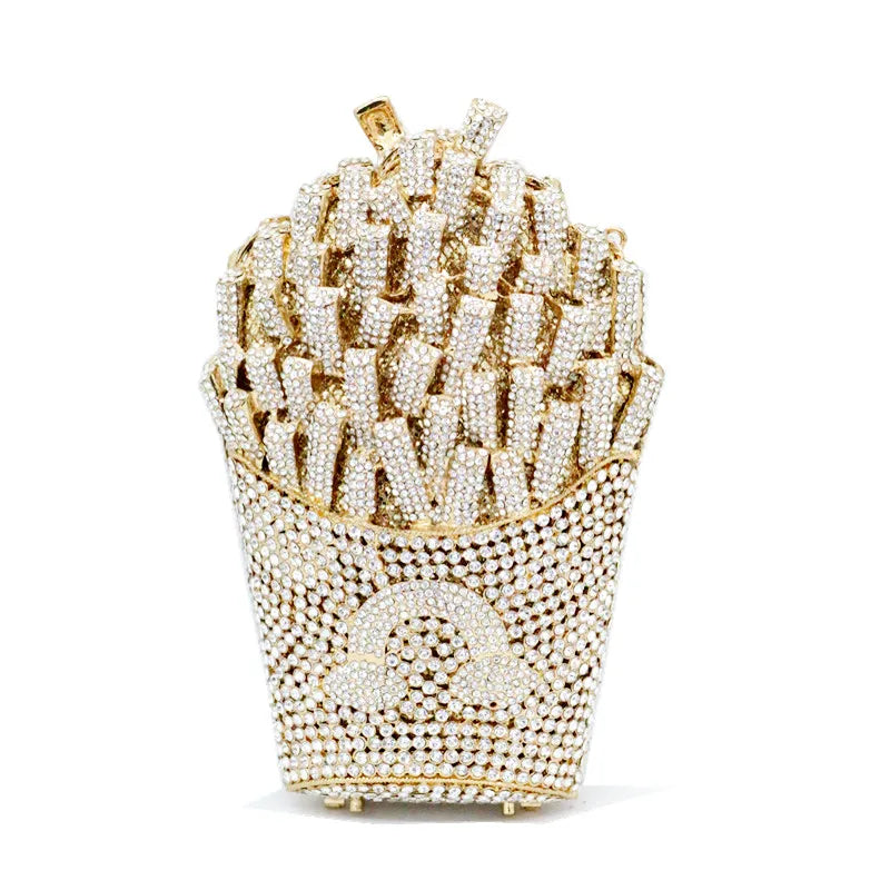Fashion Luxury Crystal Chips Clutch | Sophisticated Designer Rhinestone Evening Bag | Elegant Novelty Bucket-Shape Bridal Handbag | "Dignified" Hard-Shell Metallic Purse for High-Fashion Parties Luxegan