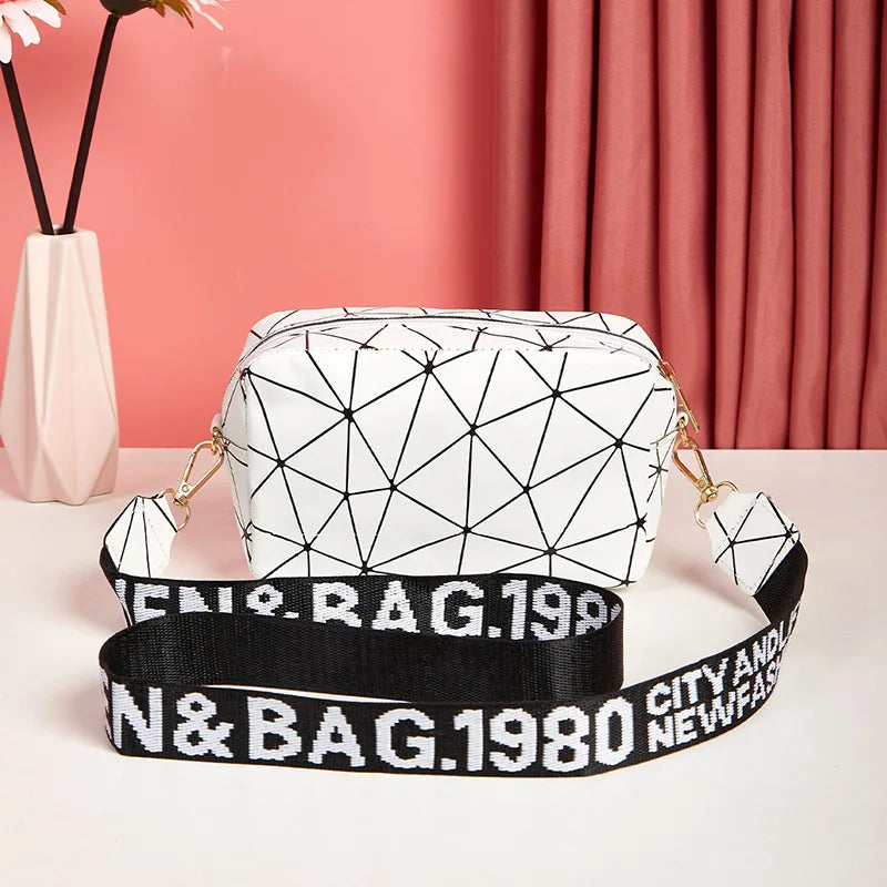 Fashion Laser Shoulder Messenger Bag | Sophisticated PU Leather Small Square Crossbody | Trendy New Laser Satchel with Letter Decoration | Elegant Geometric Pattern Shoulder Bag for Women Luxegan