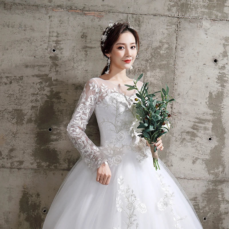 Dreamy Plus Size Floral Wedding Dress for Brides | Exquisite O-Neck Full-Sleeve Bridal Ball Gown | Luxury Lace-Up Organza & Matte Satin Dress | Model LF112 Custom Made Floor-Length Embroidered Gown Luxegan 