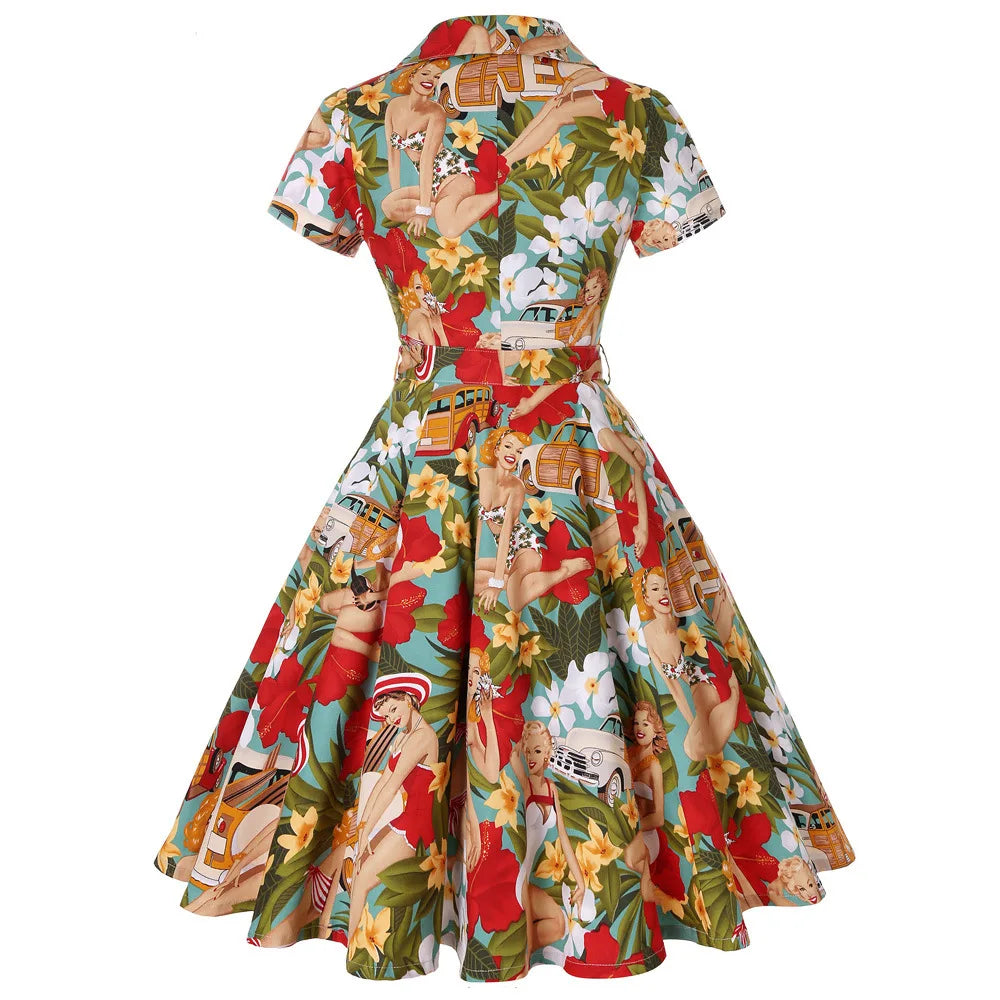 Hepburn Style Lemon Printed Vintage Dresses 1950s 60s Office 2025 Turn Down Collar Short Sleeve Tunic A-Line Belted Cotton Dress