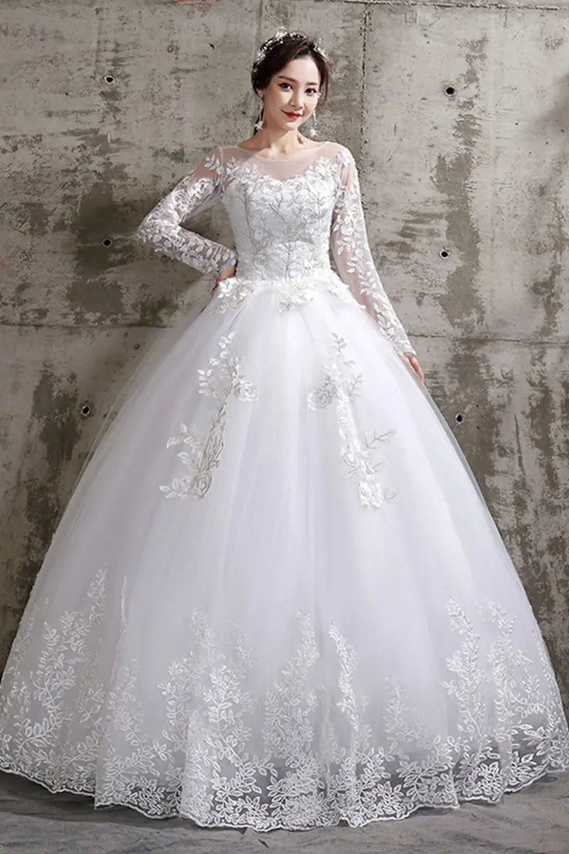 Dreamy Plus Size Floral Wedding Dress for Brides | Exquisite O-Neck Full-Sleeve Bridal Ball Gown | Luxury Lace-Up Organza & Matte Satin Dress | Model LF112 Custom Made Floor-Length Embroidered Gown Luxegan