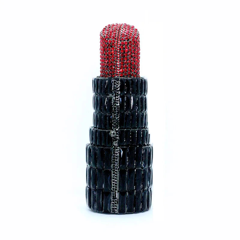 Red Lipstick Crystal Clutch Wallet | Sophisticated Novelty Fashion Evening Bag | Elegant Rhinestone Party & Dinner Handbag | "Dignified" Hard-Shell Barrel Purse with Metallic Finish Luxegan