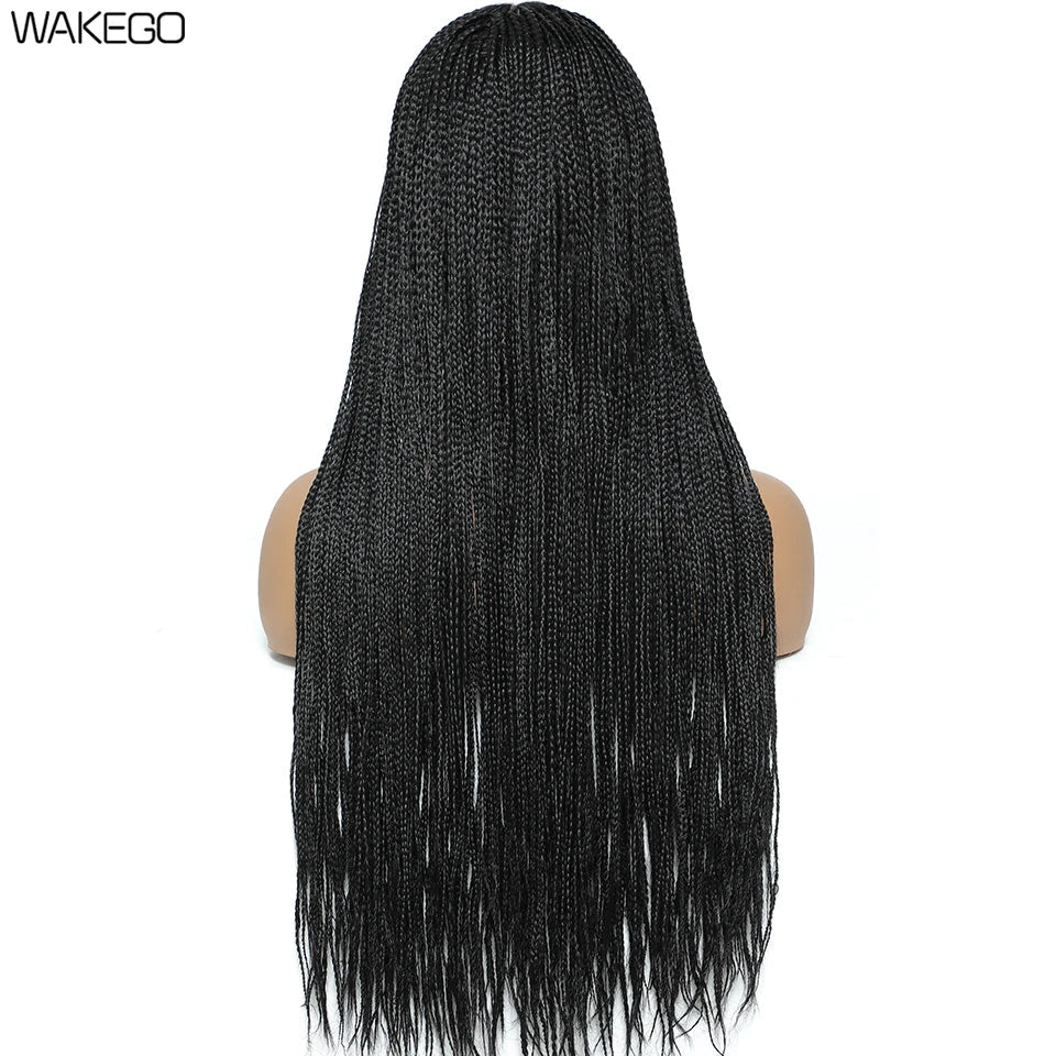 Wakego Black Braided African Wig Handmade Box Braids Wig Natural Synthetic Braiding Hair Wigs For All Women Peluca Con Trenzas Luxegan