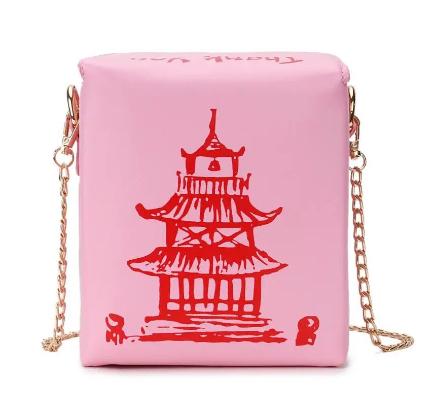 Takeout Box Inspired PU Leather Purse | Fashionable Women’s Crossbody Bucket Bag | Creative Shoulder Chain Bag with Cartoon Printing | Unique Landscape Pattern Square Handbag Luxegan