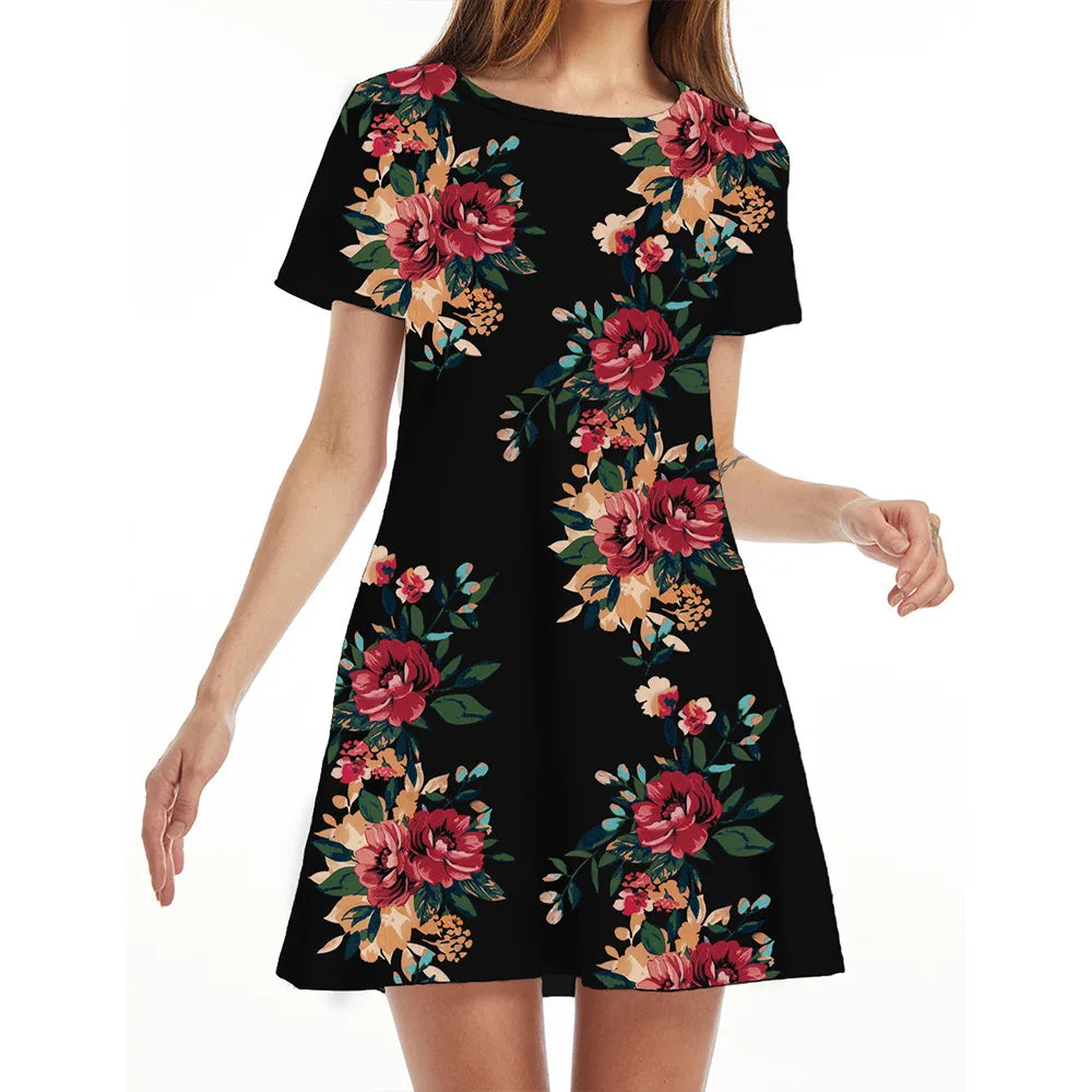 Casual Short Sleeve T-Shirt Dress | Vintage O-Neck Graphic Print Sundress | Elegant Simple Loose Fit A-Line Mini Dress | Premium Cotton Blend Summer Streetwear Model DR077 Luxegan
