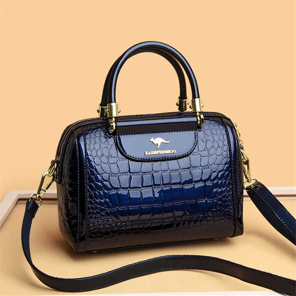 Luxury Patent Leather Handbag | Sophisticated "Crocodile Pattern" Boston Silhouette | Elegant "Sequined & Letter" Detail Crossbody | "Dignified" Alligator Texture Messenger Purse for Radiant Versatile Styling Luxegan