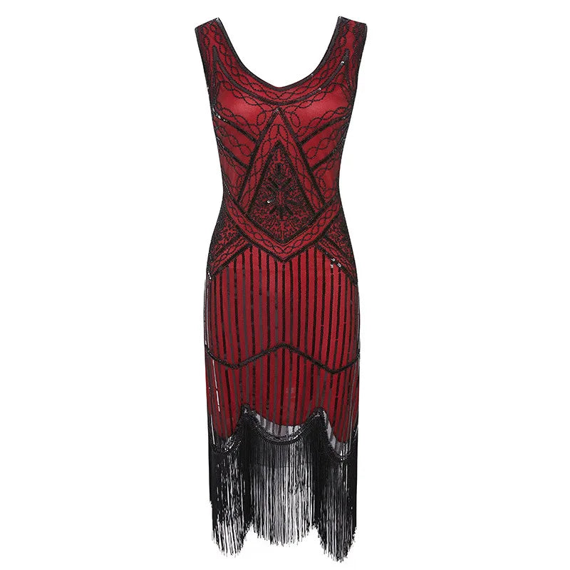 Vintage Sequin Full Fringed Flapper Dress | Roaring 20s Great Gatsby Party Gown | Plus Size XS-4XL Summer Knit Knee-Length Dress