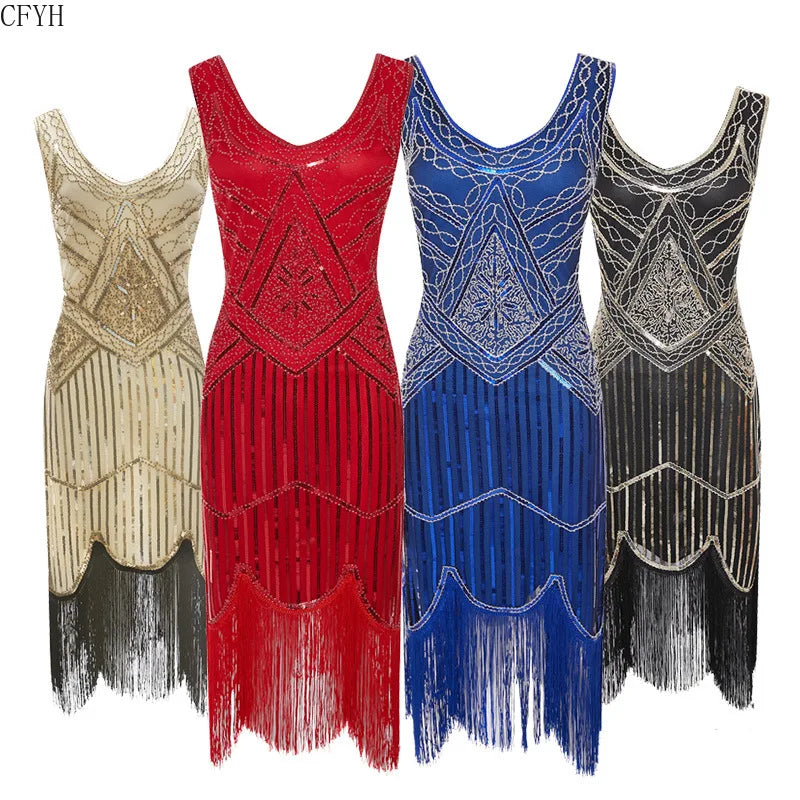 Vintage Sequin Full Fringed Flapper Dress | Roaring 20s Great Gatsby Party Gown | Plus Size XS-4XL Summer Knit Knee-Length Dress