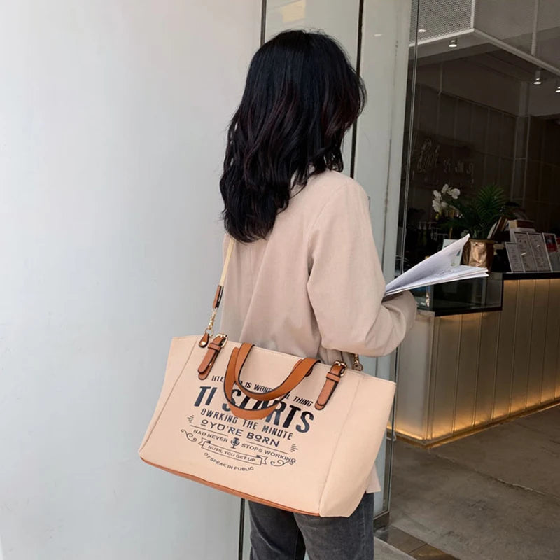 Casual Letter Design Canvas Tote | Soft Large Capacity Shoulder Bag Luxegan