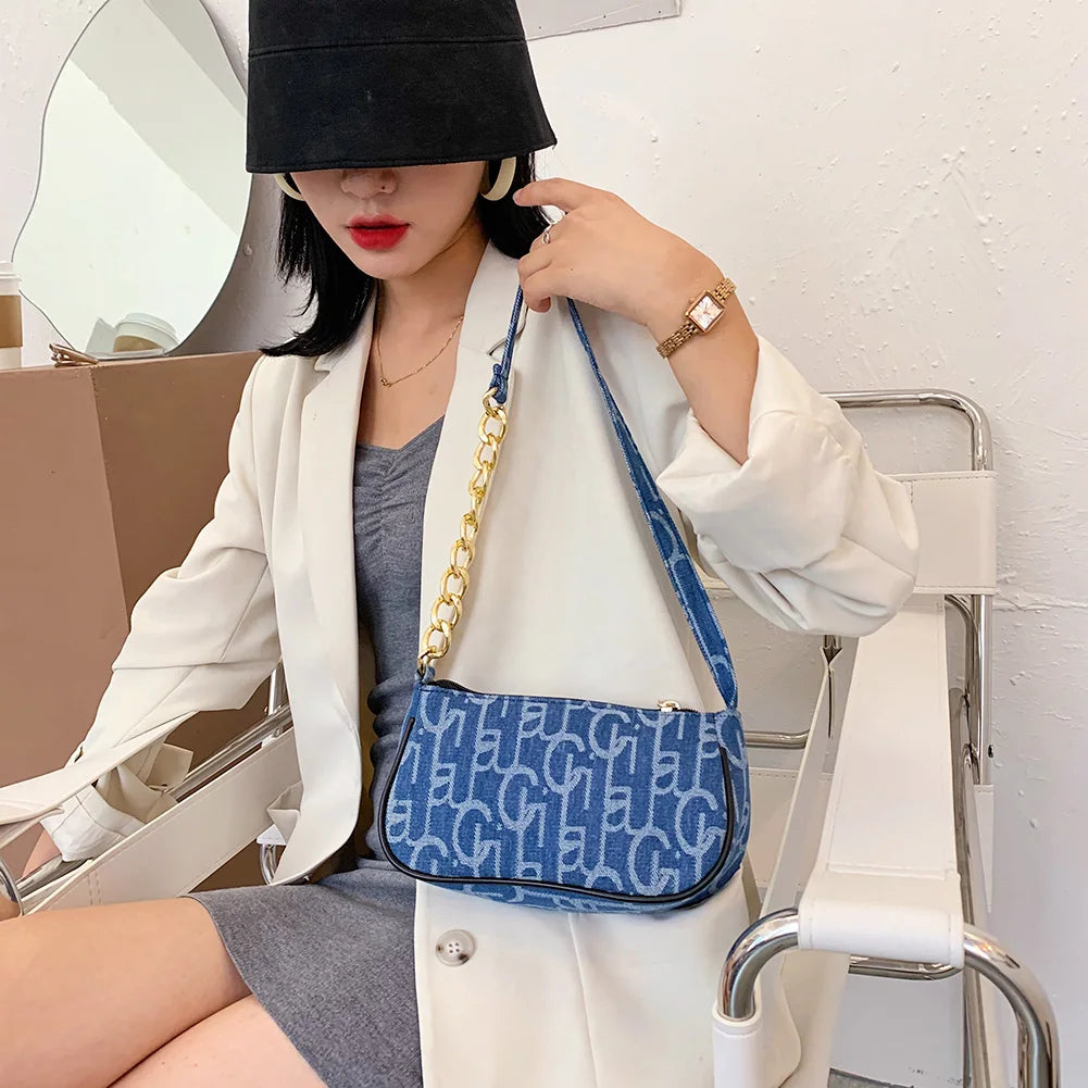 Letter Print Baguette Bag | Soft Chain Small Purse Underarm Bag Luxegan