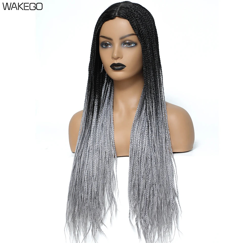 Wakego 26 Inch Ombre Box Braided Wigs For Black Women Braided Wig Fake Scalp Heat Resistant Braiding Hair Wig Peruca Sintetica Luxegan