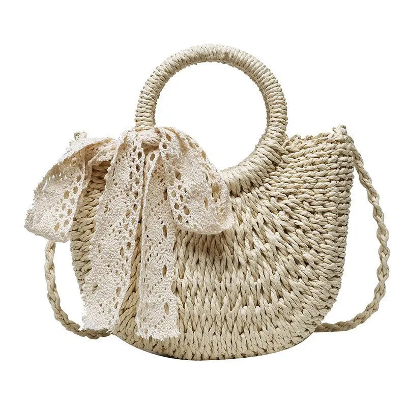 Handmade Half-Round Rattan Woven Straw Bag | Sophisticated Half-Moon Messenger Bag for Women | Elegant Small