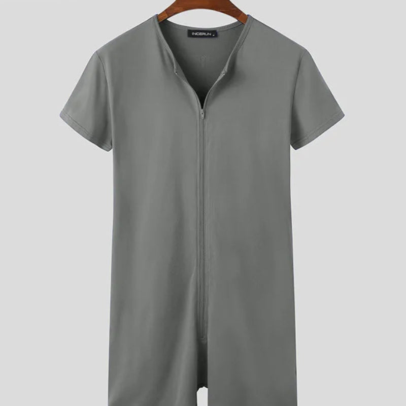 Men's Solid Color Pajamas Romper | Sophisticated "Fitness" Leisure Jumpsuit | Elegant Short Sleeve Cozy Homewear | "Dignified" High-Performance Summer Sleepwear for Radiant Versatile Styling Luxegan