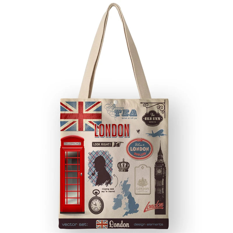 Vintage British Style Women's Canvas Shoulder Bags | Cartoon London Prints Shopping Handbags Totes Travel Luxegan